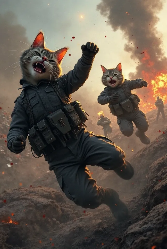 "A hyper-realistic digital painting depicting anthropomorphic cat soldiers dressed in black military uniforms, mid-action as they fall to the ground after being shot. The battlefield environment is dark and war-torn, with smoke rising from explosions, scat...