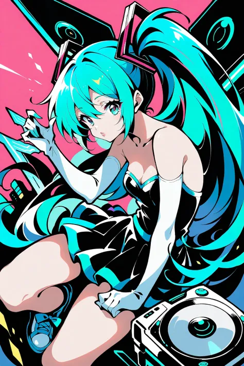 (has the best quality, sketch:1.2),practical, illustration designer  ,cunning，1 girl,   Hatsune Miku  ， delicate lips , ， strapless， Neon long hair  ,  high ponytail green  ， skirt， Two armed guns sit on the speaker，sneakers。fluorescent powder and fluoresc...