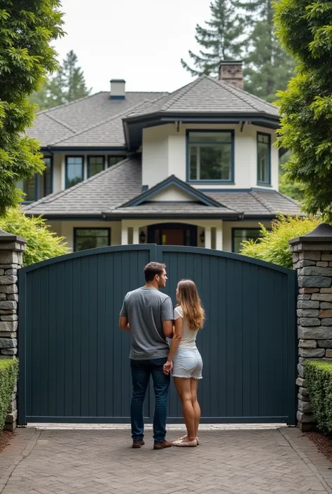 photo house big beautiful with fence and automatic gate, the gate is closed, gate does not shine, dark gray gate at the gate there is a couple, the guy closes the face of the girl, they stand facing the gate 