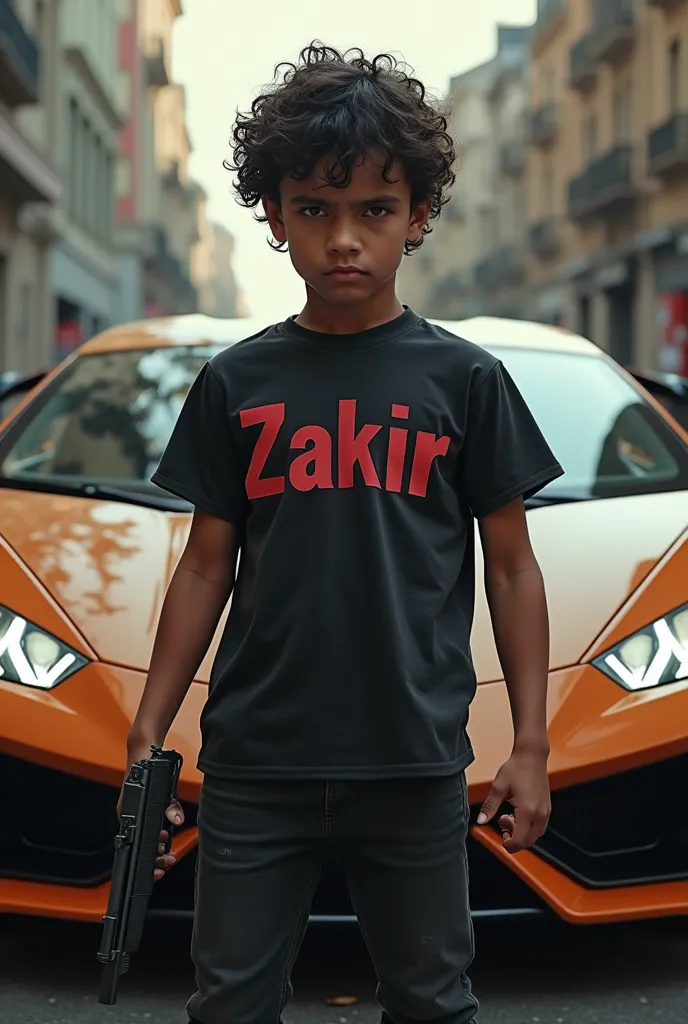 One boy front of the lamborgni car hand in pistol boy name zakir written on the shirt real Man