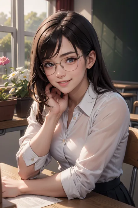 classroom, indoor, chair, upper body, table, sitting, glasses, teacher, muscle, thight, eacher uniform, looking at viewer, mid length hair, black hair,  (white shirt:1.1), little muscles, smiling, 