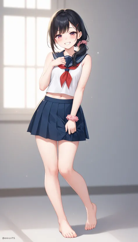 adorable girl, scrunchie, , , school uniform,blush, ((bare foots)),full body shot,(makeup, sexy, seduce:0.8), (grin:0.6), sleeveless, , (looking down at viewer),cute skirt