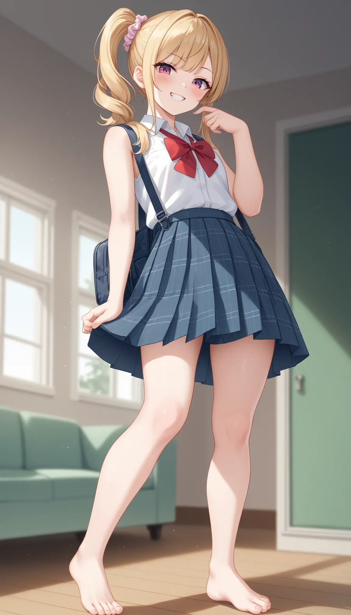 adorable girl, scrunchie, , , school uniform,blush, ((bare foots)),full body shot,(makeup, sexy, seduce:0.8), (grin:0.6), sleeveless, , (looking down at viewer),cute skirt