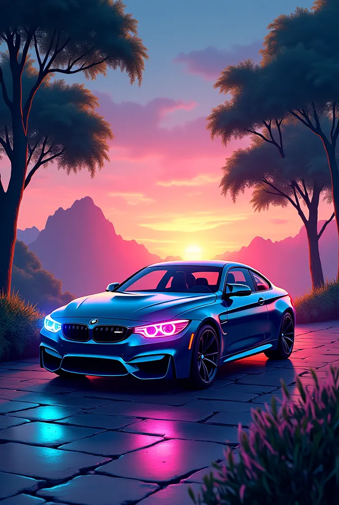 Blue BMW M4 Neon light in the background in night and sun ray are coming in evening in anime styel tree are also there background.