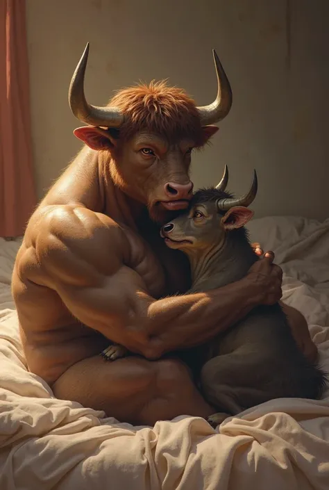 generate two bulls in bed one big and one small hugging togethee