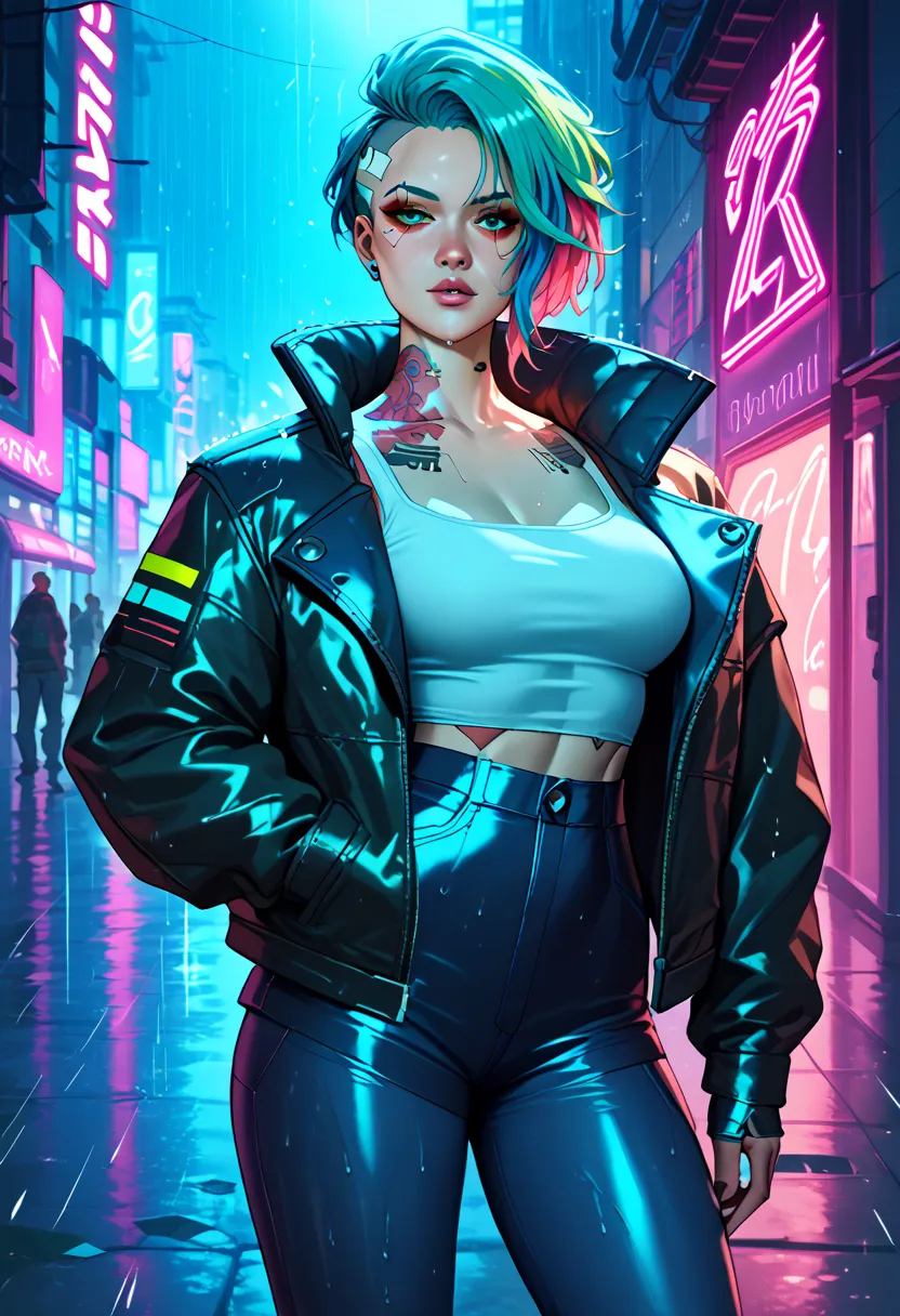 A cyberpunk girl with neon blue tattoos on her face, LED-streaked hair in pink and cyan, wearing a leather jacket, standing in a rainy neon-lit alley with holographic ads, cinematic cyberpunk 2077 style