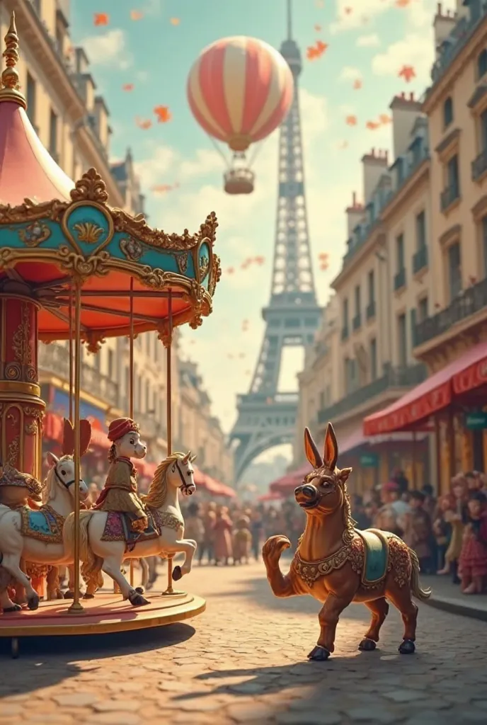 Put carousels, animals, hot air balloon vintage painting in a aesthetic Paris way