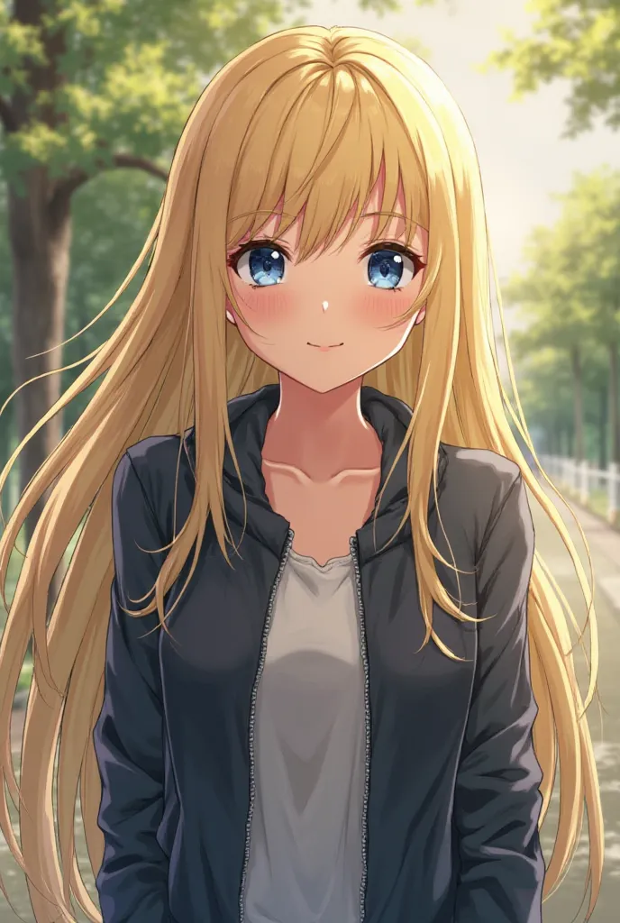 masterpiece, best quality, 1girl, beautiful, fine, delicate, extremely intricate, detailed, blonde hair, jacket, blue eyes, ((masterpiece)), extremely detailed, best quality, high resolution, ((at a park)), Bridget, smile,  