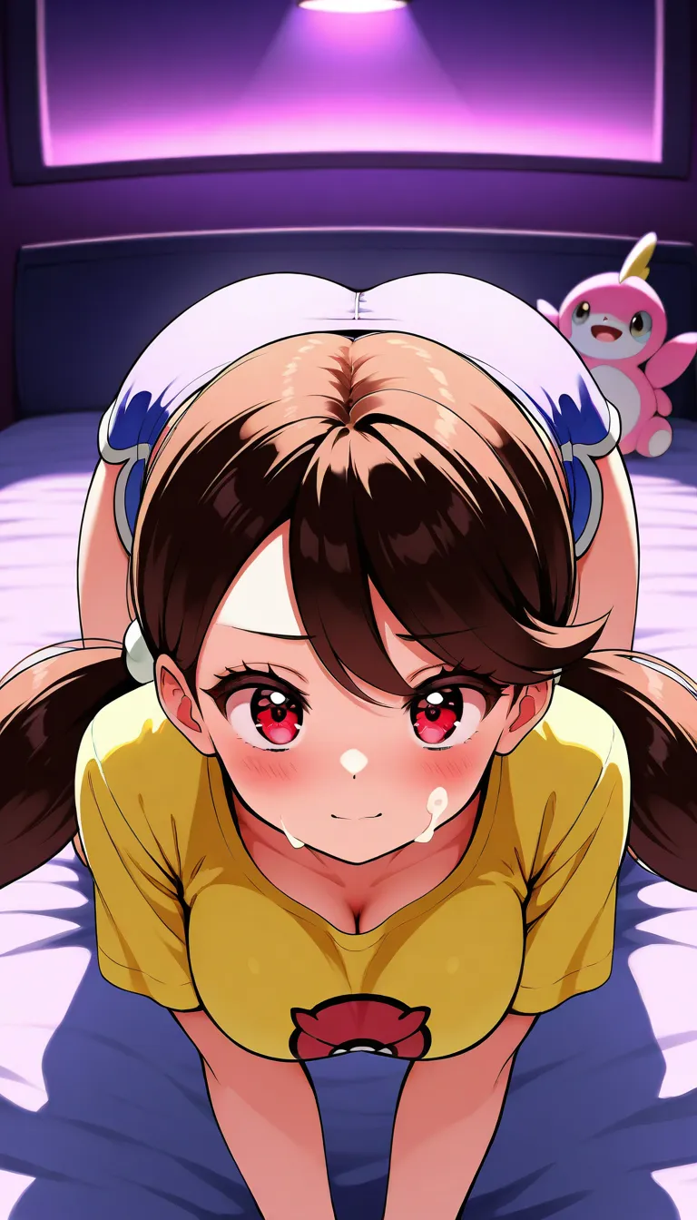 ((Busty Bitches)), score_9, score_8_up, score_7_up, perfect eyes, perfect face, large breasts, (cutesy:1.5), (Pokemon Mom), crawl on all fours, blue twintails, yellow shirt , (nicely accentuated ass), stuffed animals, night light, cute dolphin shorts , ice...