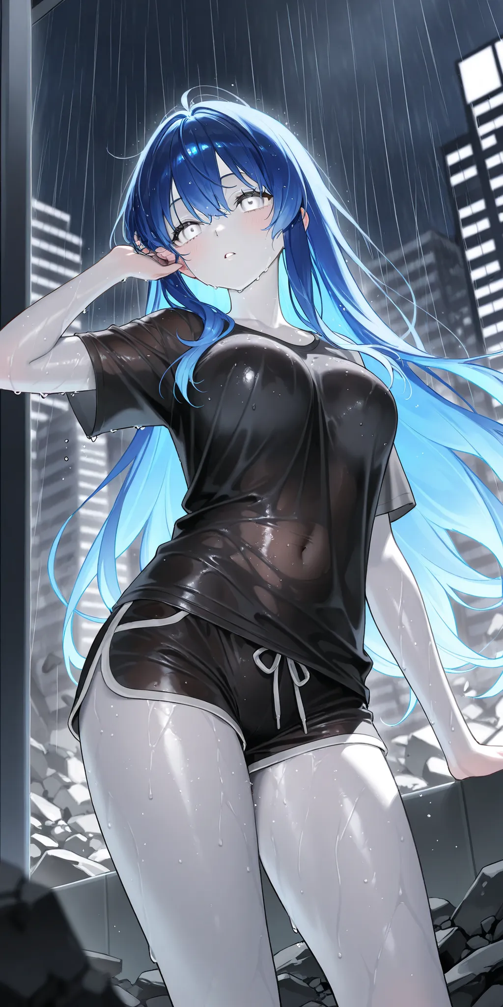 best image quality、High Resolution、 Resplendent Diamond Blue Hair 、white eyes、、above the building、black big t-shirt、beautiful breasts、  best thighs、GalaxyAura、 long hair、best image quality、floating rubble、Black Shorts、 white skin、 the royal family、、Straigh...