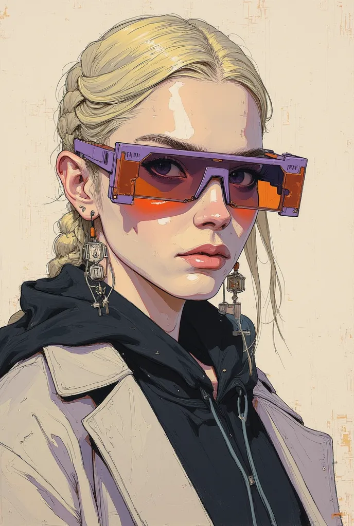 An artistic sketch of a modern sunglasses, beautiful woman, braided blond hair, big earings, black hoody and coat. The portrait features a mix of minimalistic linework and painterly strokes in soft, muted tones of beige, gray, lavender, and hints of red. T...