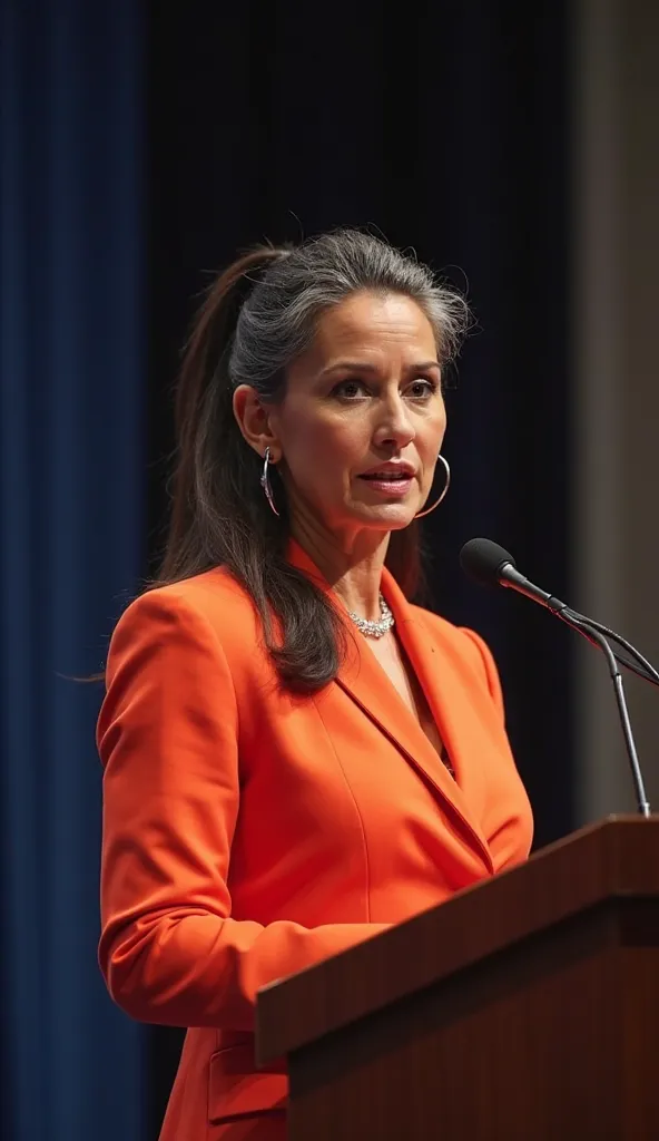 Claudia Sheinbaum standing confidently at a podium in the International Summit Hall, her expression determined and resolute. She wears a bold-colored tailored suit, symbolizing her strength and confidence. The lighting highlights her commanding presence as...