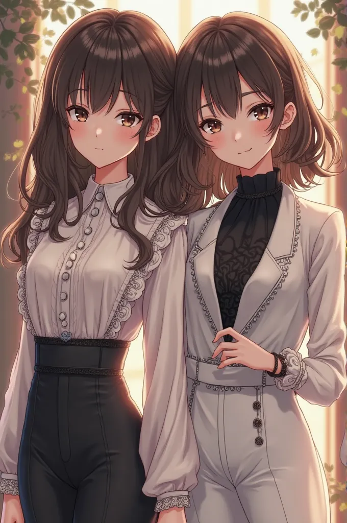 Create an anime-style illustration of two beautiful twin sisters, 25 years old, with fair skin and dark brown hair, semi-wavy and falling past their shoulders. Their bangs are styled upward to one side—one to the right, the other to the left. One twin has ...