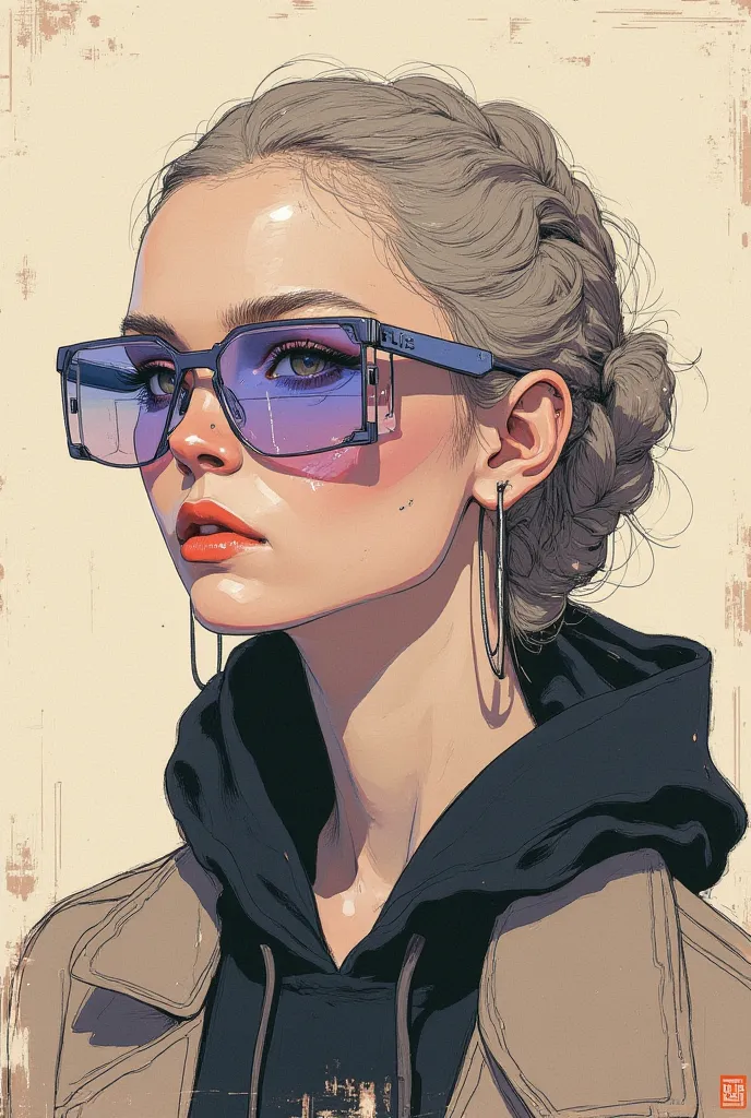 An artistic sketch of a modern sunglasses, beautiful woman, braided вфкл hair, big earings, black hoody and coat. The portrait features a mix of minimalistic linework and painterly strokes in soft, muted tones of beige, gray, lavender, and hints of red. Th...