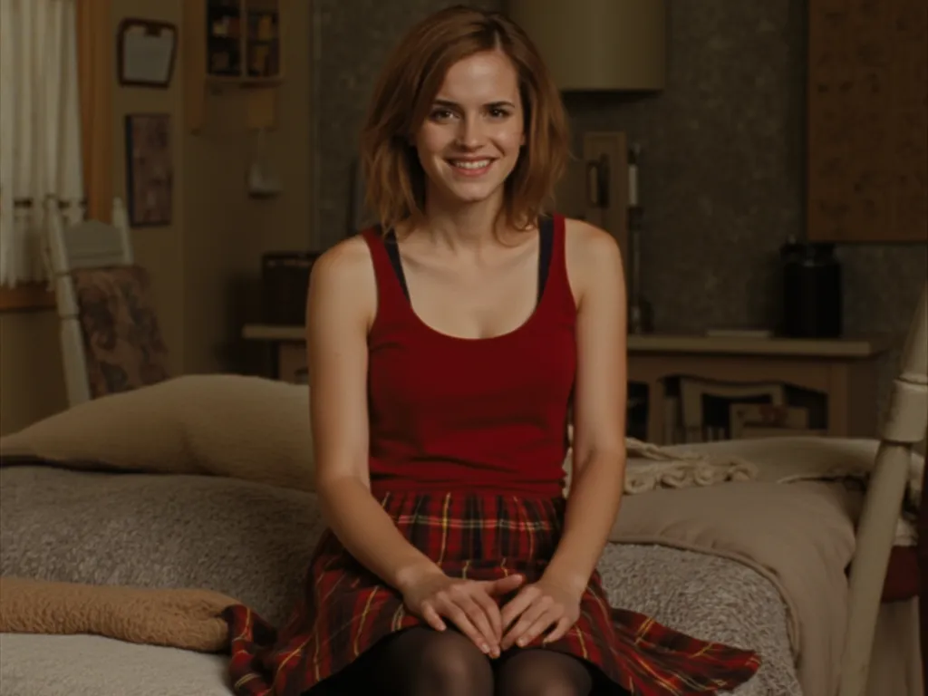 Head to toe picture of Hermion grenger.short hair. sleeveless light red fitted turtleneck dress.red plaid pleated mini skirt.the dress should be tucked into the skirt.black pantyhose.sat on bed.happy.