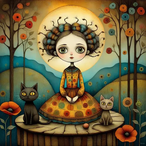 Nello stile di Andy Kehoe, Paul Klee, Tracy Grimwood. alto , stylized, colori ultraterreni, light-skinned girl wearing a long, ornate dress with intricate patterns and warm, colori terrosi, A woman, long braids, big sweet watery hazel eyes,sweet and melanc...