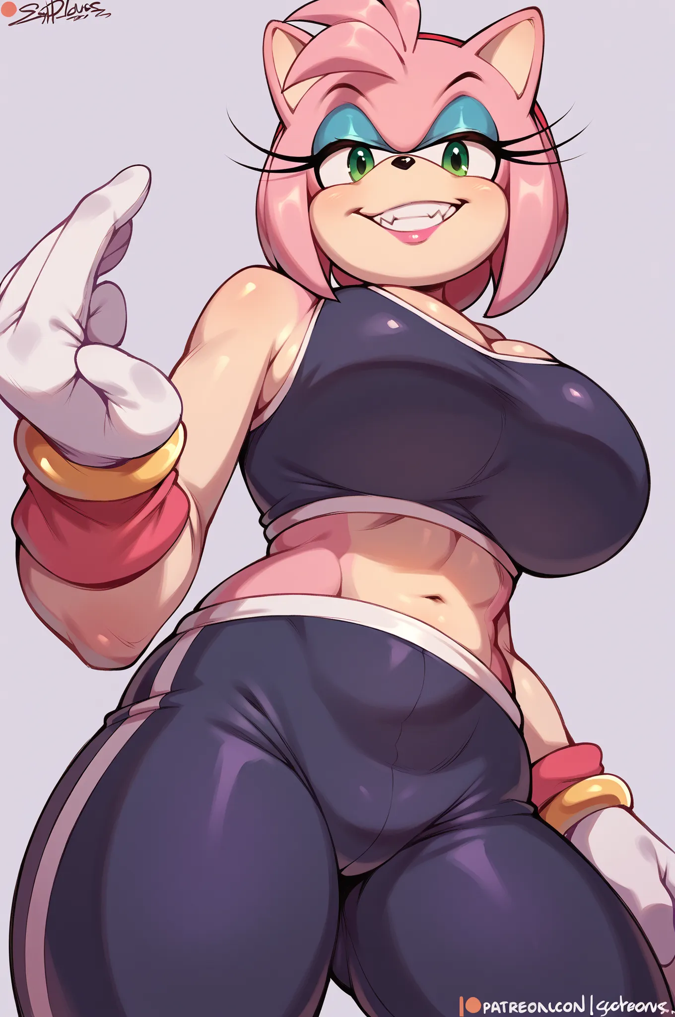 score_9, score_8_up, score_7_up,score_6_up,score_5_up, source_furry,riders amy rose, 1girl, solo, huge breasts, green eyes, blue eyeshadow, pink lipstick, collarbone, furry female, looking at viewer, sexual grin, white gloves, midriff, yoga pants, sports b...