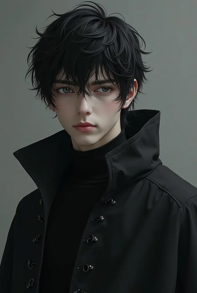 A superior being who draws power from darkness. But he looks human. A young man, around 20 years old. His appearance is as follows: He has black messy short hair. Eye color is grey. His skin color is light and pale. It has an air of both elegance and menac...