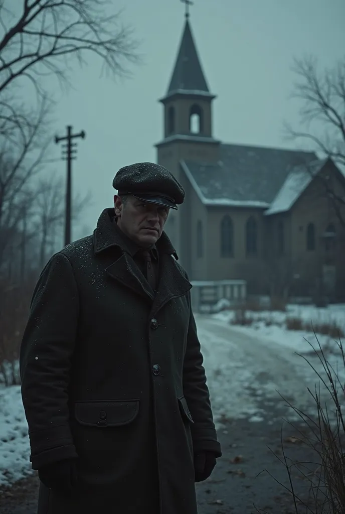  Soviet investigator in Deverne, church in the background. A creepy and depressing photo. It's winter outside Below is a place of text with a dark area.