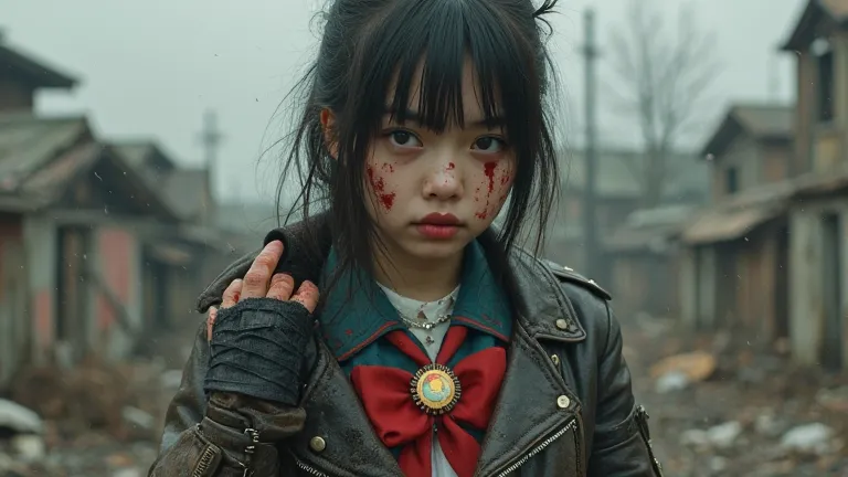 "A hyper-realistic portrait of Kanna Hashimoto as Usagi Tsukino in a post-apocalyptic world. She wears a torn and bloodstained school uniform, a rugged leather jacket, combat boots, and fingerless gloves. Her moon brooch flickers dimly, reflecting despair ...