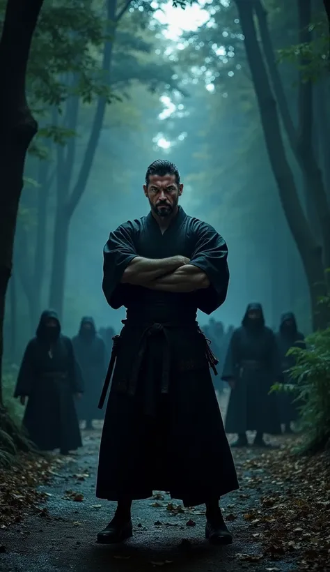 "A cinematic night-time shot of a powerful Japanese bandit leader standing in the center of a dense Muromachi-era forest, illuminated by the faint moonlight filtering through the trees. His muscular frame is draped in a dark, rugged kimono, his arms crosse...