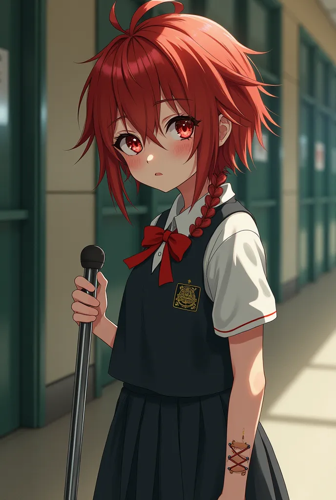 Girl with red hair and red eyes with a school uniform and She holds a crutch medical one  in her right hand and has scars on her left foot with messy hair.