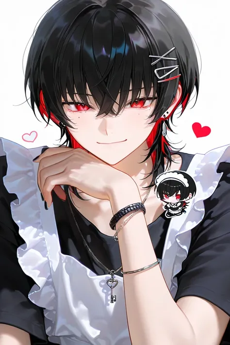 boy、 black hair、wolf cut、1 person、White inner color、Black Nails、red nails 、White nails 、Bachi bachi earrings、 teardrop bags、Tear mole、 black ribbon、 hairpins、 heart、key、smile、sling、has poor eyesight、beautiful、necklaces、bracelet、collarbone、Little Devil、Red ...