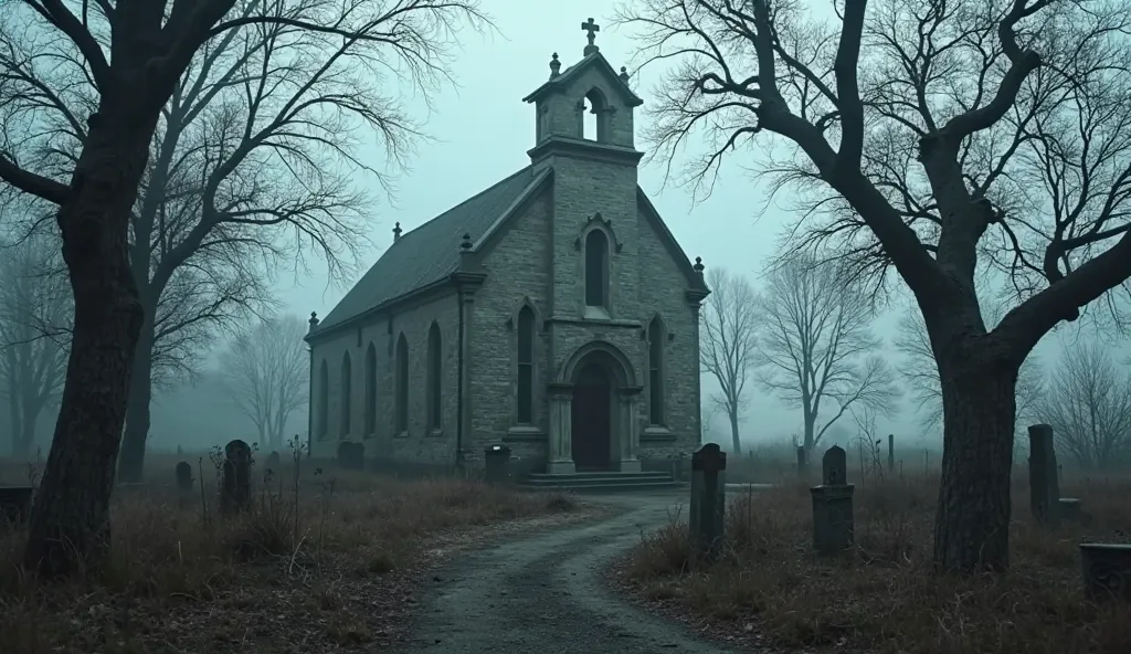 Cinematographic photo of an old church in the village.  creepy atmosphere 