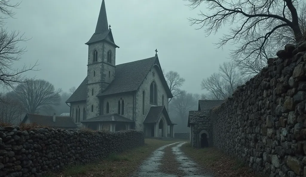 Cinematographic photo of an old church in the village.  creepy atmosphere 