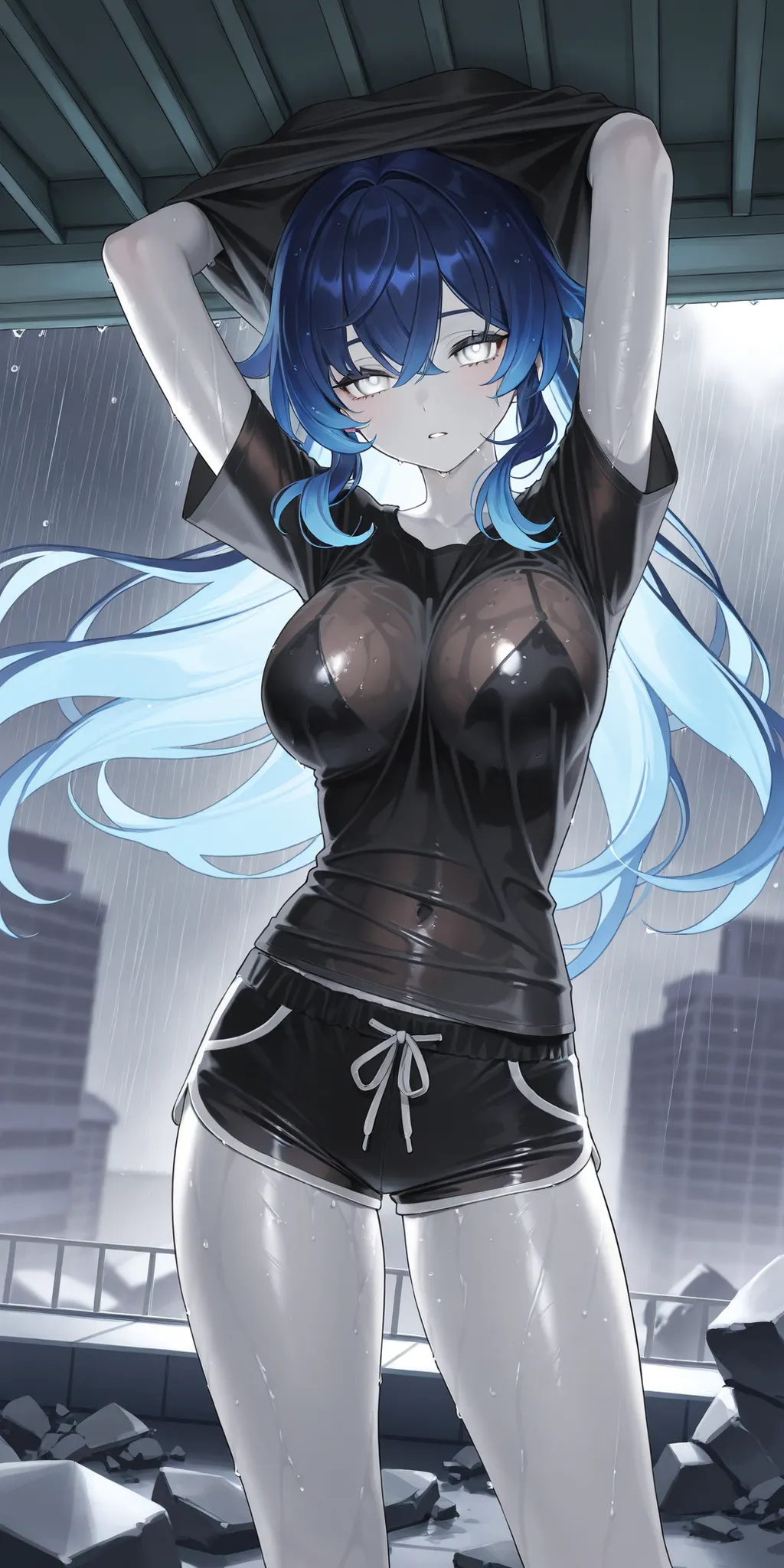 best image quality、High Resolution、 Resplendent Diamond Blue Hair 、white eyes、、rooftop、  black big t-shirt、beautiful breasts、  best thighs、GalaxyAura、 long hair、best image quality、floating rubble、Black Shorts、 white skin、 the royal family、、Straight face、Wa...