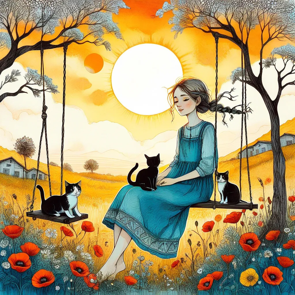  Illustration, stylized figures, hand-drawn ink zentangle and bleach stains mixed with messy oil brushstrokes.  A woman, long braids, big sweet watery hazel eyes,sweet and melancholy. is sitting on a swing and playing with her many cats, which she strokes ...