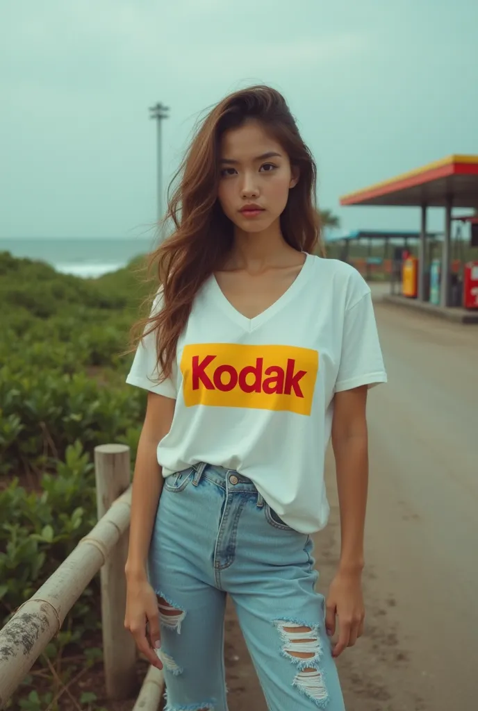 A young Thai woman stands on an old railing on a beach. The old railing blends in with nature. The background is an old gas station from the 90s. She wears a white v-neck t-shirt with the word "Kodak" printed in red letters on a rectangular yellow backgrou...