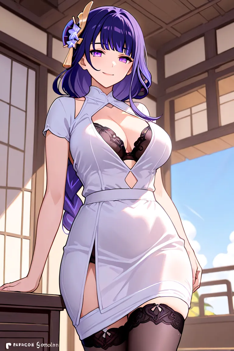 Genshin Impact, Shogun Raiden, 1 girl, indoors, chest cutout, smile on face, Shogun Raiden's appearance from the Genshin Impact game is characterized by the following features:

Long purple hair, adult woman, summer, dress, wife , smile on face, white dres...