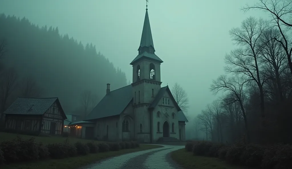  Cinematographic photo of an old church in the village.  creepy atmosphere .  inscription at the bottom "CONSEQUENCE" 