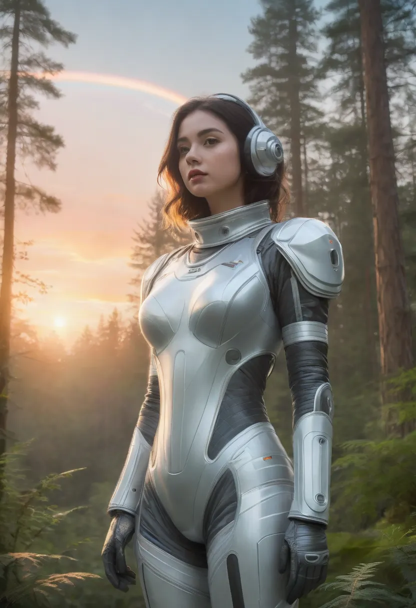 Pencil drawing, young woman in foreground, futuristic supreme defense spacesuit, light dress, forest and sunset in background.