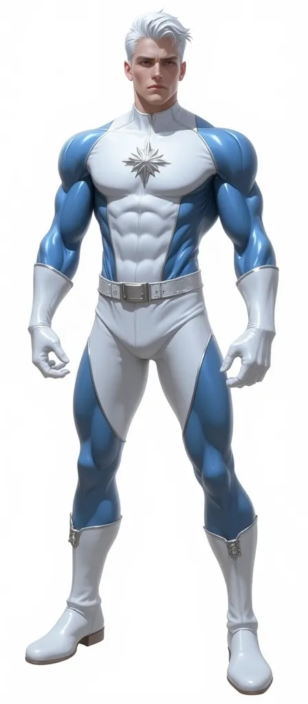 A handsome hunky slender white hair hero wearing leather white and powder blue bulging honeycomb textured tight fit leather spandex costume. White gloves and belt and boots.. hero suit with silver snow flakes symbol on his chest,standing in a super hero po...