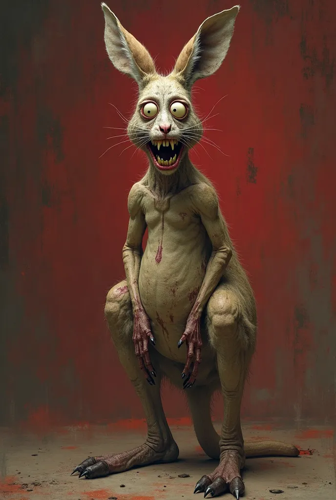 Photorealistic image of strange, of a creepy anthropomorphic kangaroo with with crazy wide-open eyes of different sizes, with a slightly crooked smile, with bare teeth and disheveled hair. x} His body is covered with rare pieces of dirty brown fur, and the...