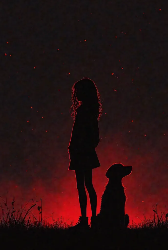 Here is a prompt based on the details:

"Create a dark-themed, minimalistic digital illustration of Sara, a  girl with shoulder-length wavy hair, standing outdoors with her dog. Sara and her dog should be silhouetted in red, set against a dark, eerie backg...