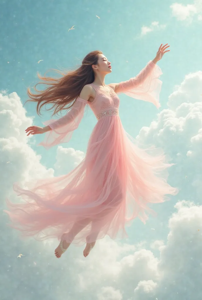 A Chinese. She wore a pink dress and had no wings, her long toca fluttered in the wind, her hair was brown. She flew up into the cloudy sky.