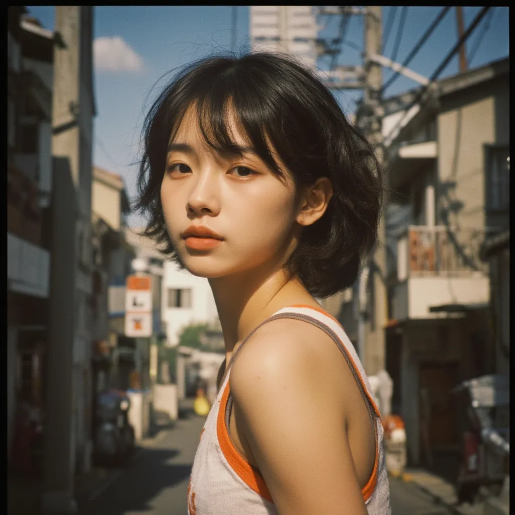 Tokyo residential area,side shot,Short curly hair ,middle school girl,orange and white tank top, rough skin