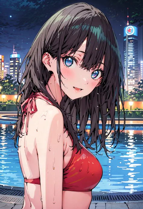 It's because of Rikkata, black hair, blue eyes, long hair, Orange Scrunch , scrunchie , List Scrunch, black footwear, smile,blush,open your mouth,,Red bikini string swimsuit,night,wet hair,wet skin, wet swimsuit ,Bare legs,bare feet,Beautiful cityscape...