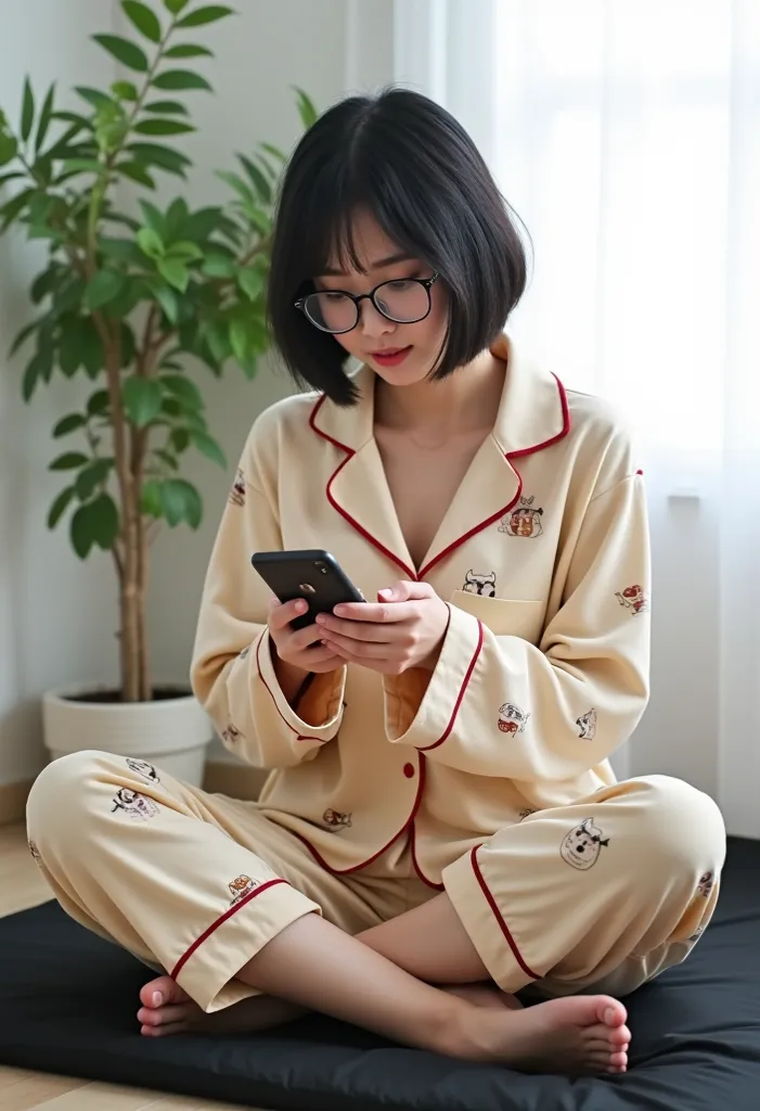 A young woman with short black hair and glasses is sitting cross-legged on a black floor mattress, wearing a wide and deep neck beige pajama set with red trim and cartoon character prints. She is focused on her smartphone, holding it with both hands. The s...