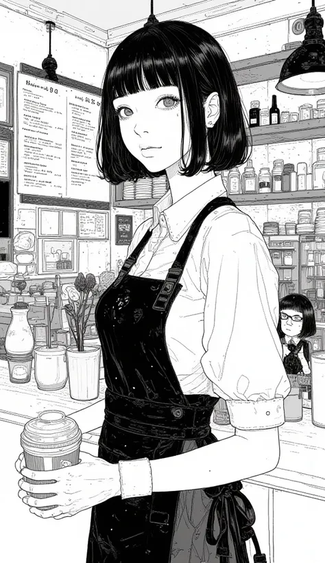 sketch of a restaurant with various items and menus,  Line Art：He-Q, Tumbler,  modern European ink painting , Cafe, coffee shop,  Line Art!!, restaurant menu photo ,  bakery in k, cozy Cafe background,  Line Art,  Full Page Illustration , Cafe interior, イラ...