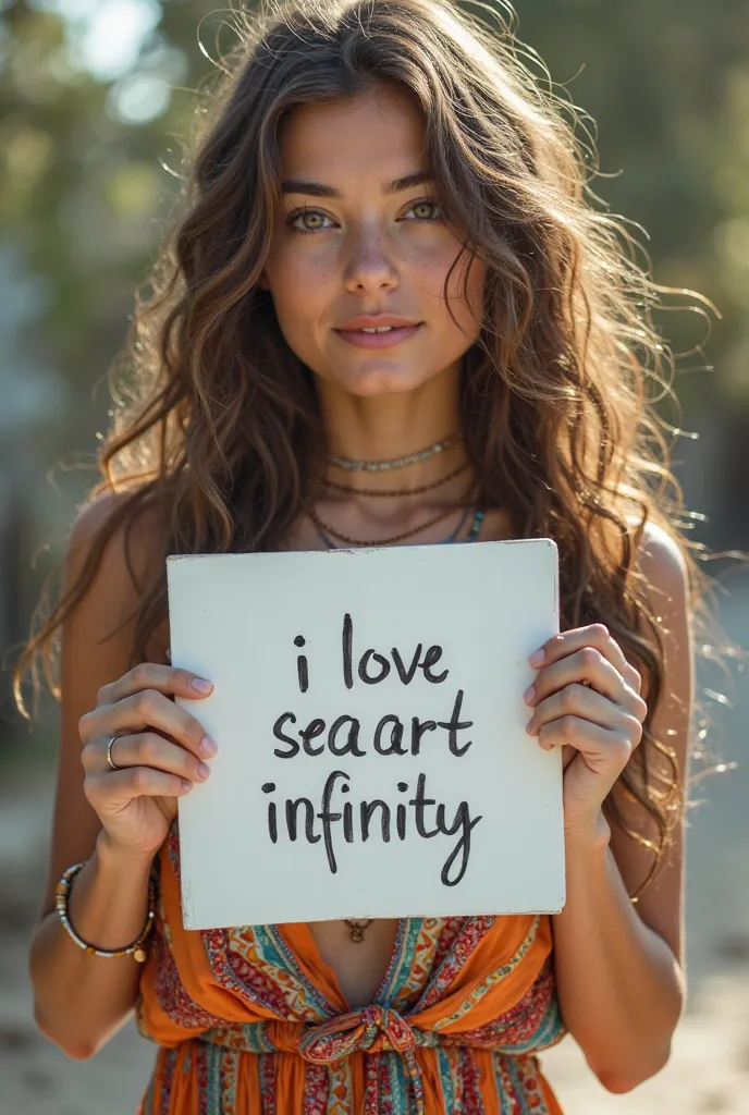 Beautiful girl with long wavy hair, bohemian dress, holding a white board with text " I Love Seaart Infinity " y showing it to the spectator