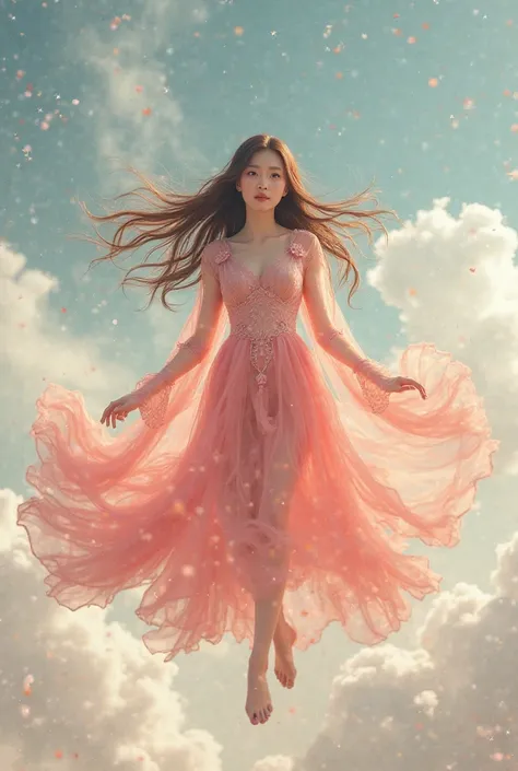 A Chinese. She wore a pink dress and had no wings, her long toca fluttered in the wind, her hair was brown. She flew up into the cloudy sky, flying forward close to the face.