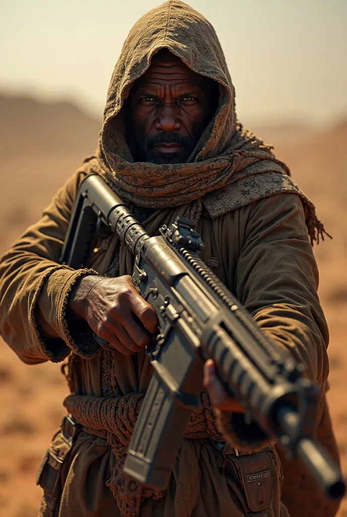 An Africa bandit covering his face and holding a modern gun