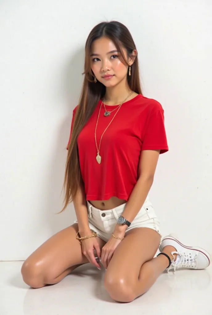 a buaetiful filipina Meduim body frame wearing a red tshirts and white maong mini shorts and white shoes and necklace and watch and earings  and  long brown hair with ponytail while setting on the floor the 
 background is plain white