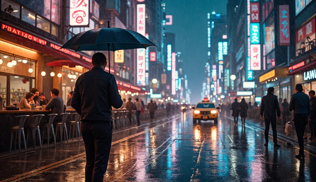 A rainy street at night in Tokyo, neon signs reflecting on the wet pavement as people walk with umbrellas.
A barista preparing a cappuccino in a stylish café, steam rising from the coffee machine.
A busy New York City street with yellow taxis, pedestrians,...