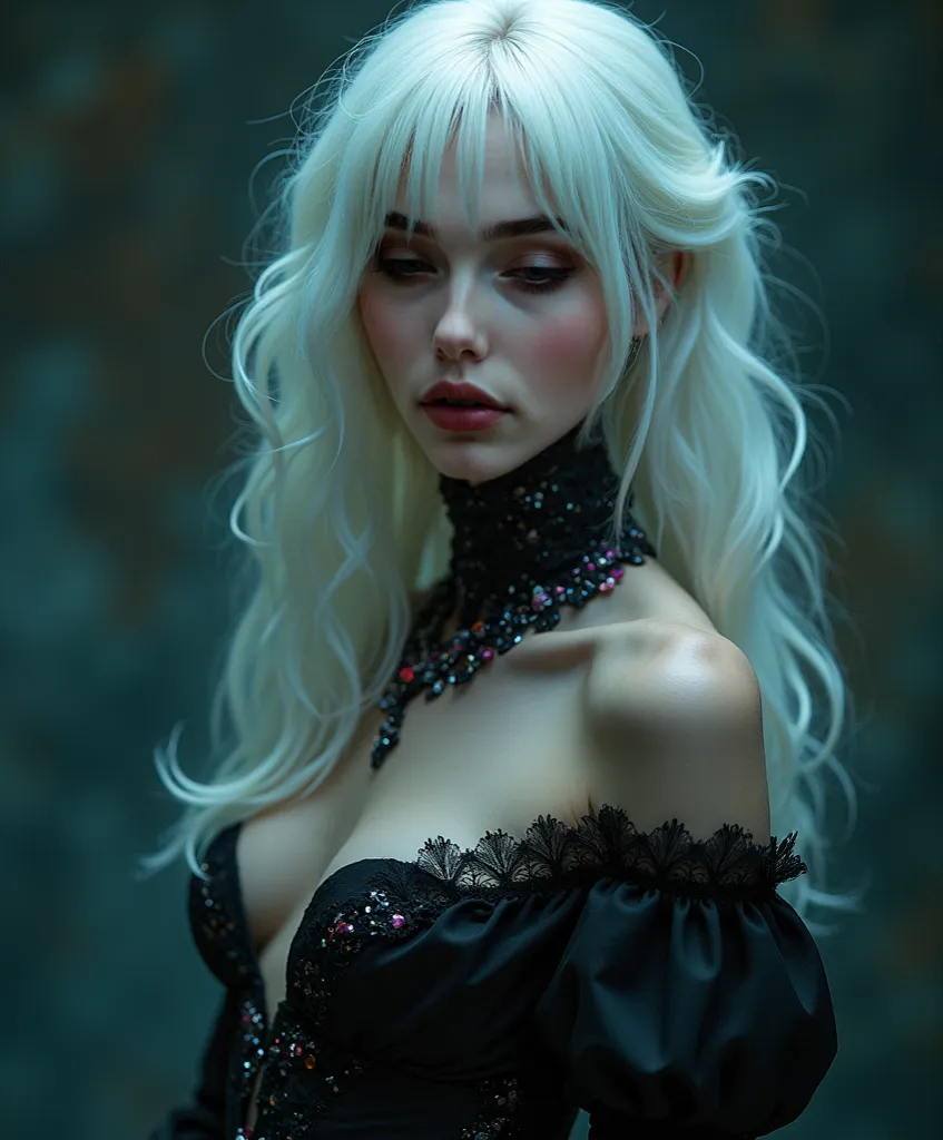 Masterpiece , High Quality , high definition , 8k, (alone:1.5), hauntingly ethereal portrait, detailed face , correct body structure, sexy, upper body, (( white hair :1.2)), messy hair , slim body, Seductive Silhouettes , depth of writing, Dark photo at ni...