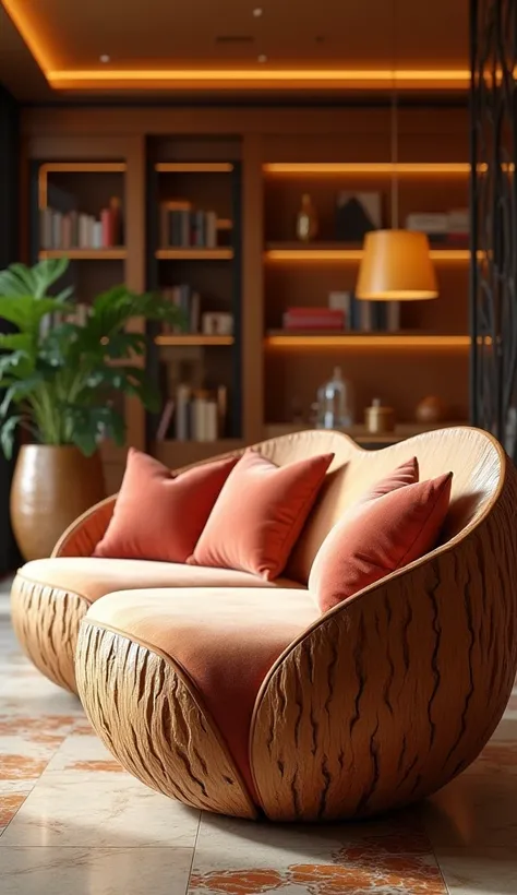 A highly realistic and breathtaking interior scene featuring luxurious sofas shaped like cracked walnut shells. The sofas are extremely comfortable, with cushions in an attractive, eye-catching color. The setting is a modern, cozy living space with warm an...